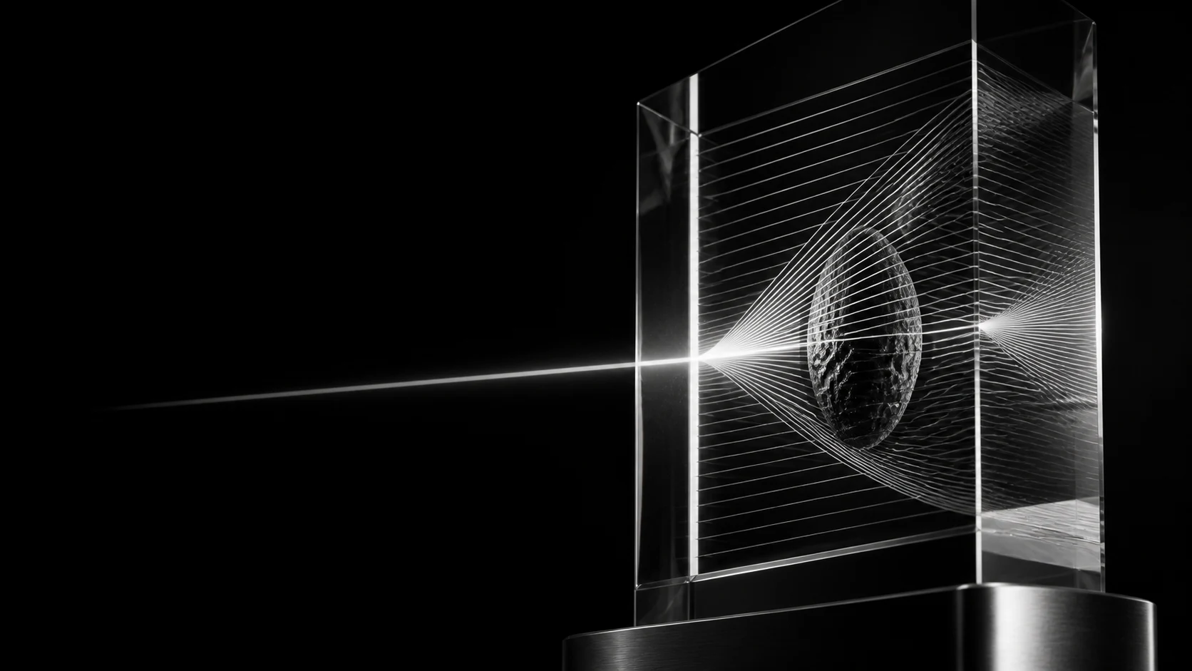 A clear optical prism organizing light through fine silver layers.