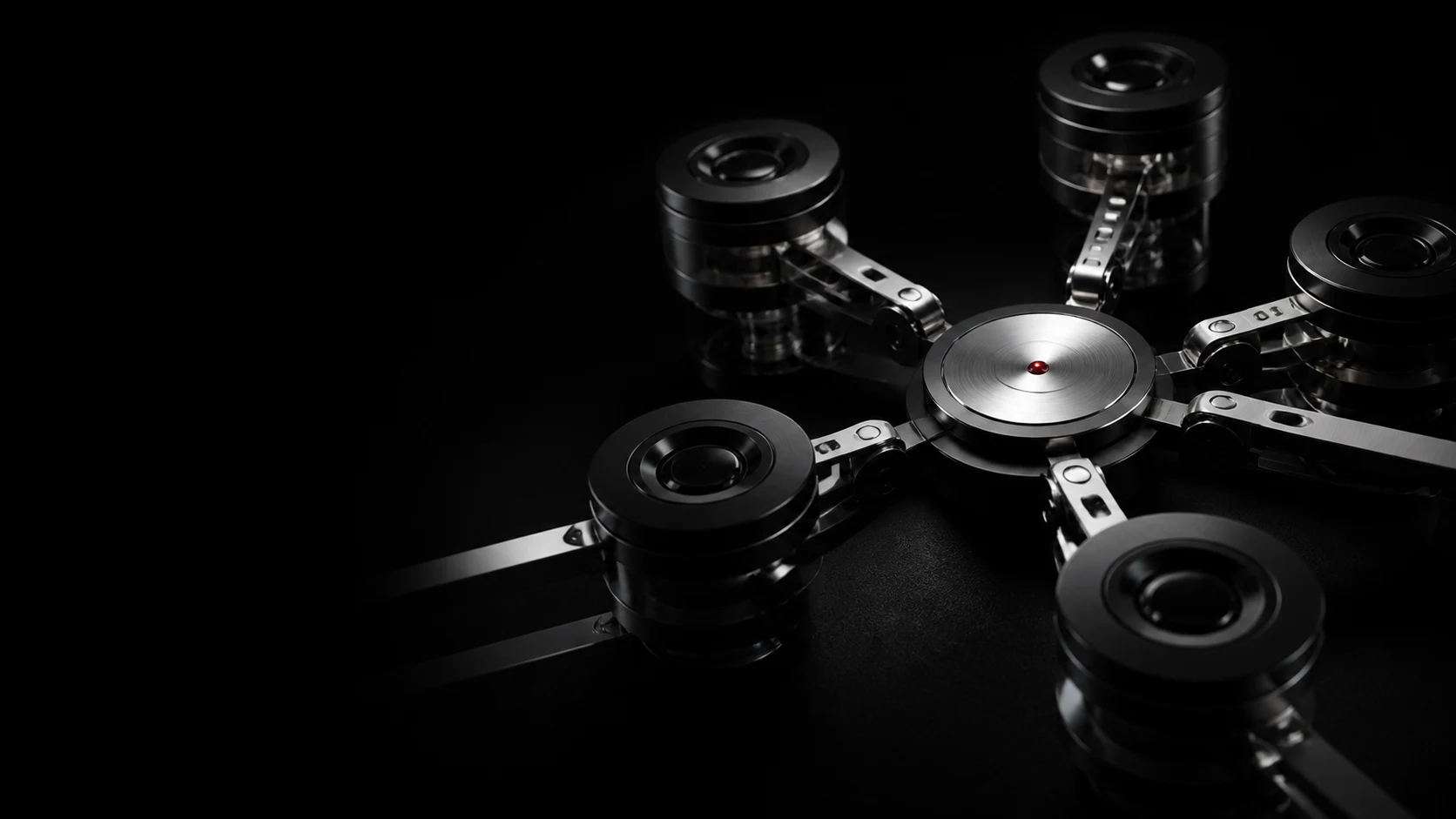 Machined black nodes connected by articulated chrome bridges.